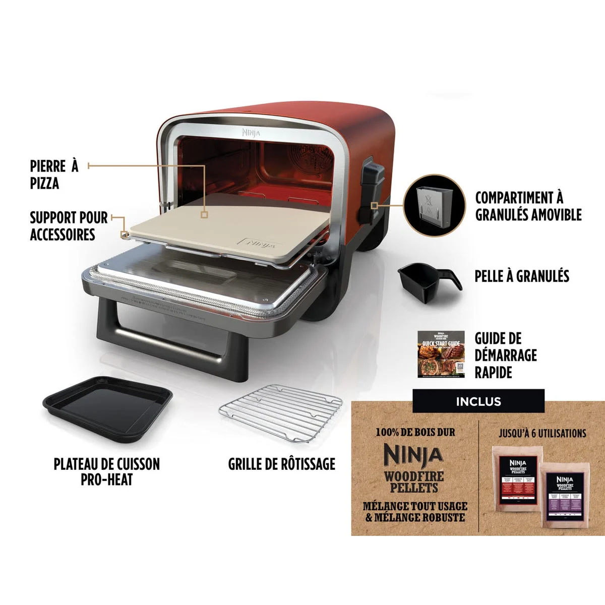 Le Ninja Woodfire et ce qui est dans le carton : pierre, support, plateau Pro-Heat, grille, pelle à granulés, granulés