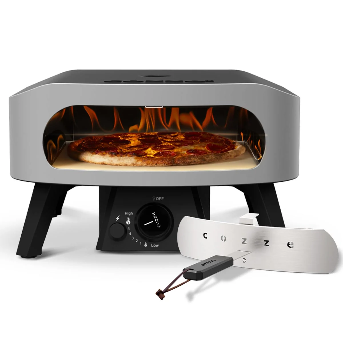Cozze 13" Classic gris et noir, une pizza pepperoni en cuisson, sa porte amovible posée devant