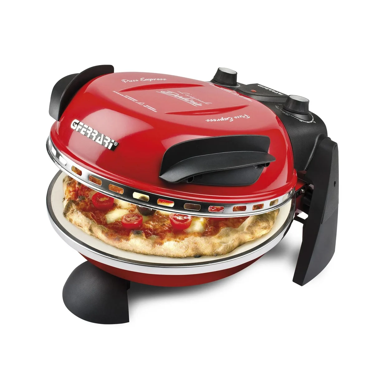 G3 Ferrari Delizia rouge entrouvert, une pizza en cuisson entre la coque et la pierre