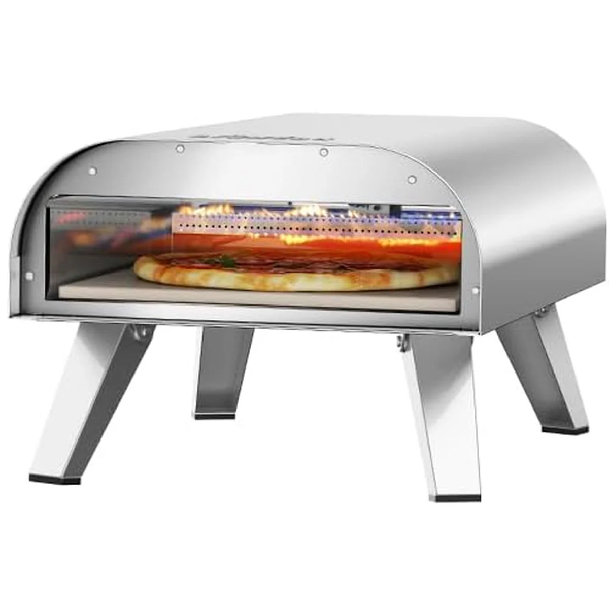 Bighorn 12" vu de trois quarts, une pizza en cuisson sur la pierre