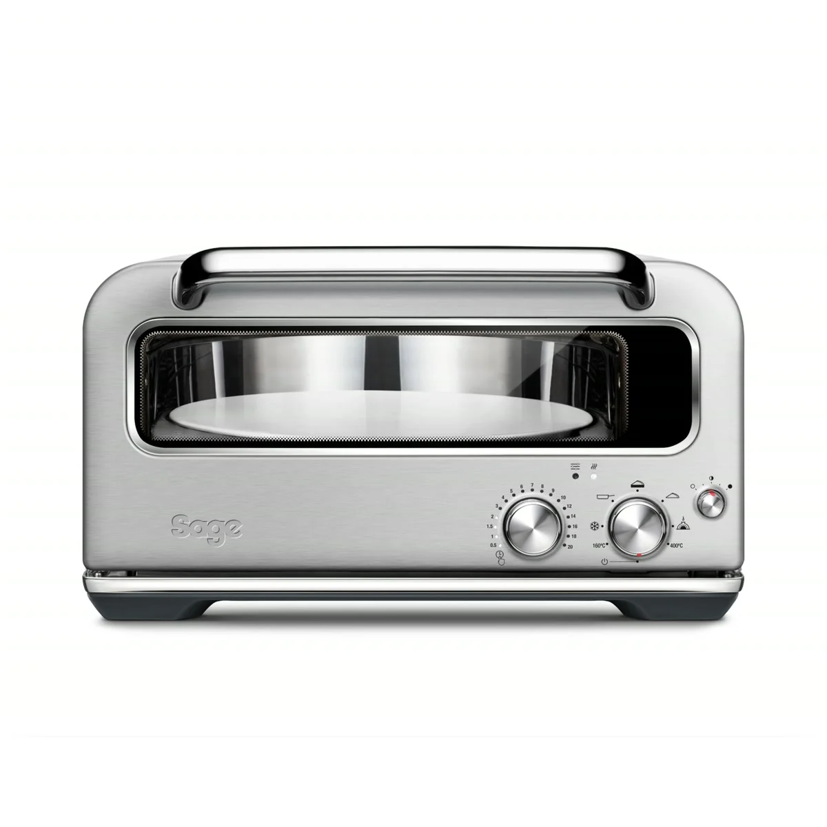 Sage Pizzaiolo en inox brossé de face : la porte vitrée et ses trois boutons