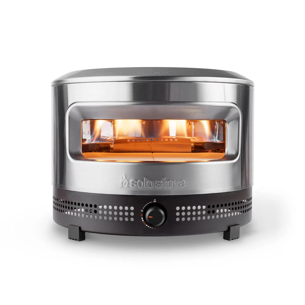 Solo Stove Pi Prime de face, en acier inoxydable, flammes dans l’ouverture panoramique