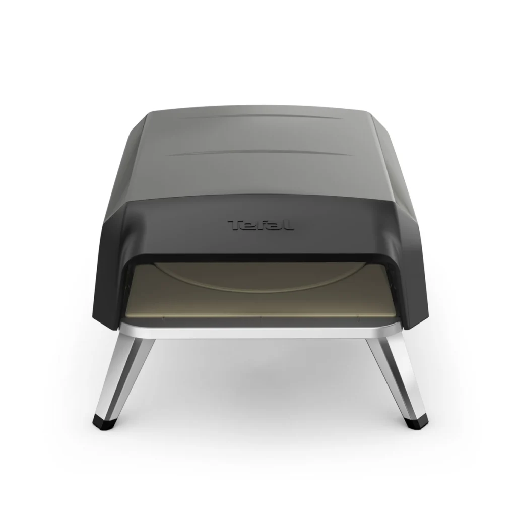 Tefal Pizza Pronto Gaz de face : l’ouverture, la pierre ronde et les pieds en inox