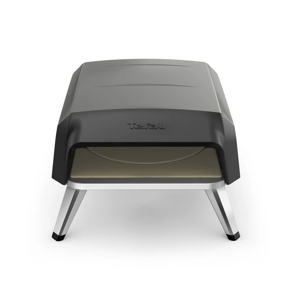 Tefal Pizza Pronto Gaz de face : l’ouverture, la pierre ronde et les pieds en inox