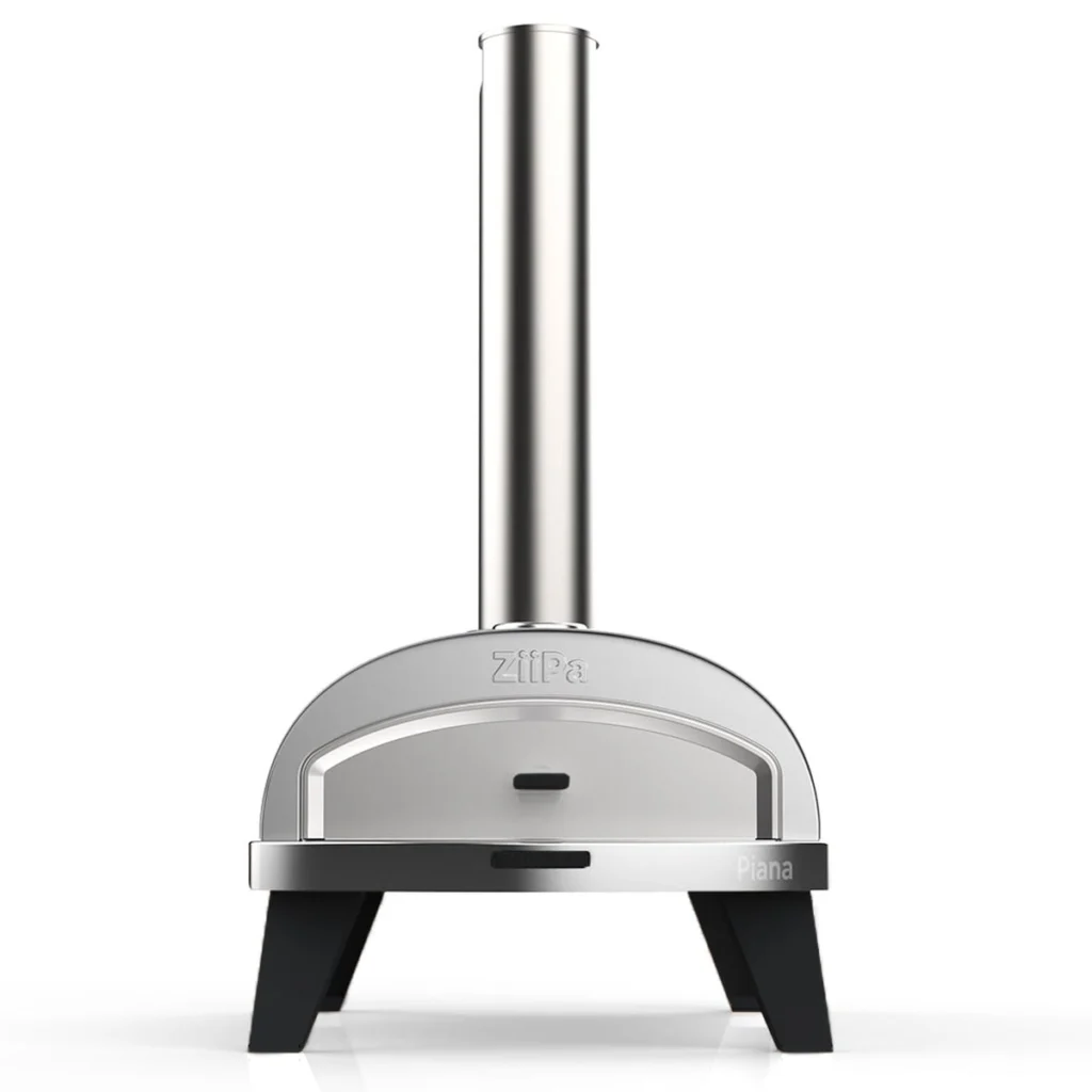ZiiPa Piana de face, porte en acier fermée, cheminée en inox