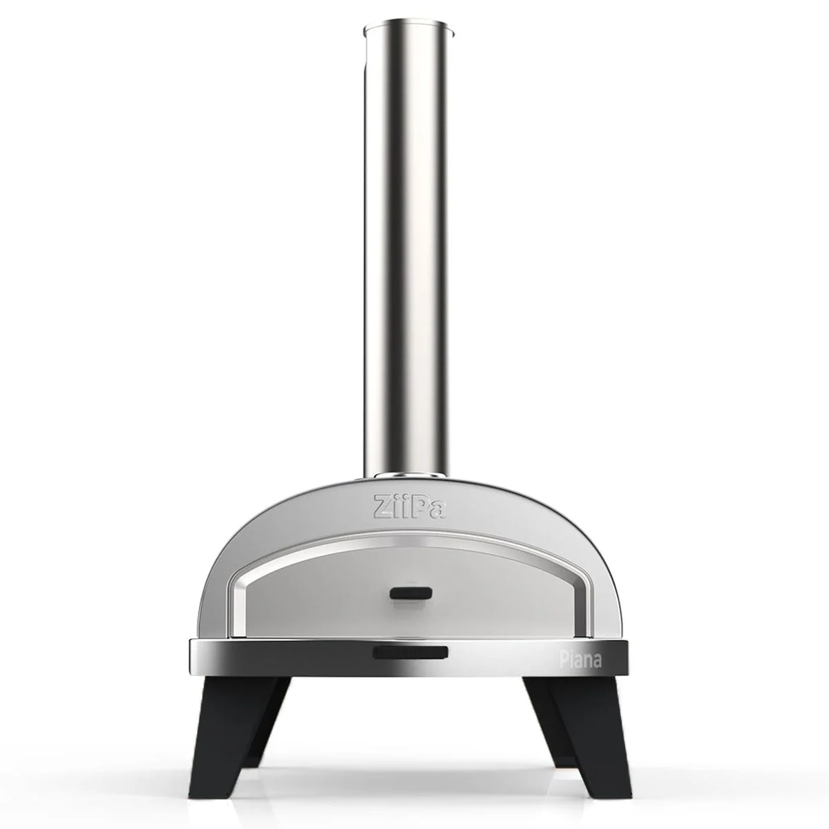 ZiiPa Piana de face, porte en acier fermée, cheminée en inox