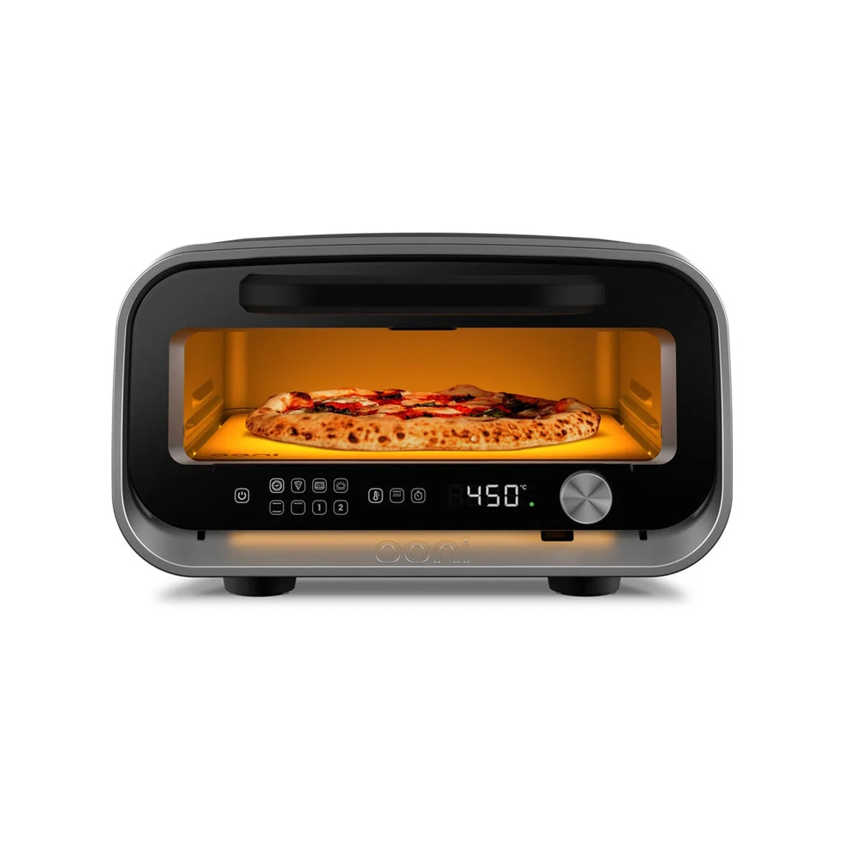 Ooni Volt 2 gris anthracite de face, une pizza dans le four éclairé