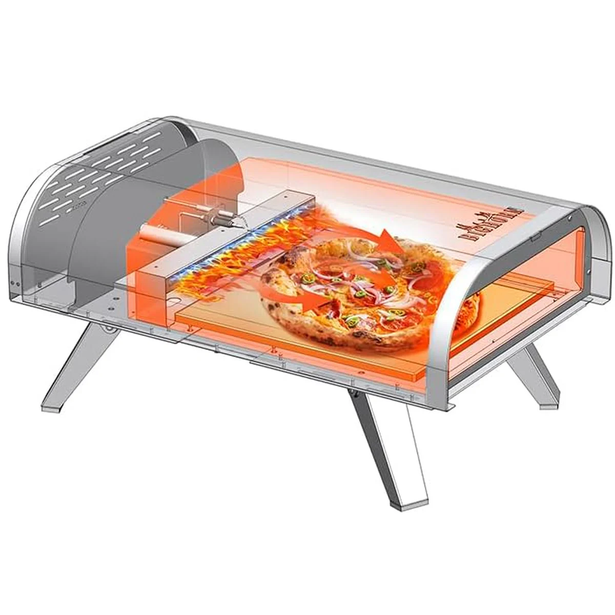 Vue en transparence du Bighorn 12" : le brûleur, la flamme et la pizza sur la pierre