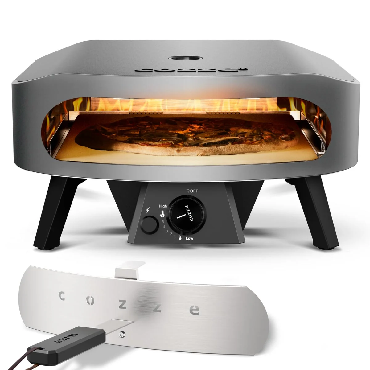 Cozze 13" Classic de face, flammes du brûleur au fond et sur les côtés, porte posée devant