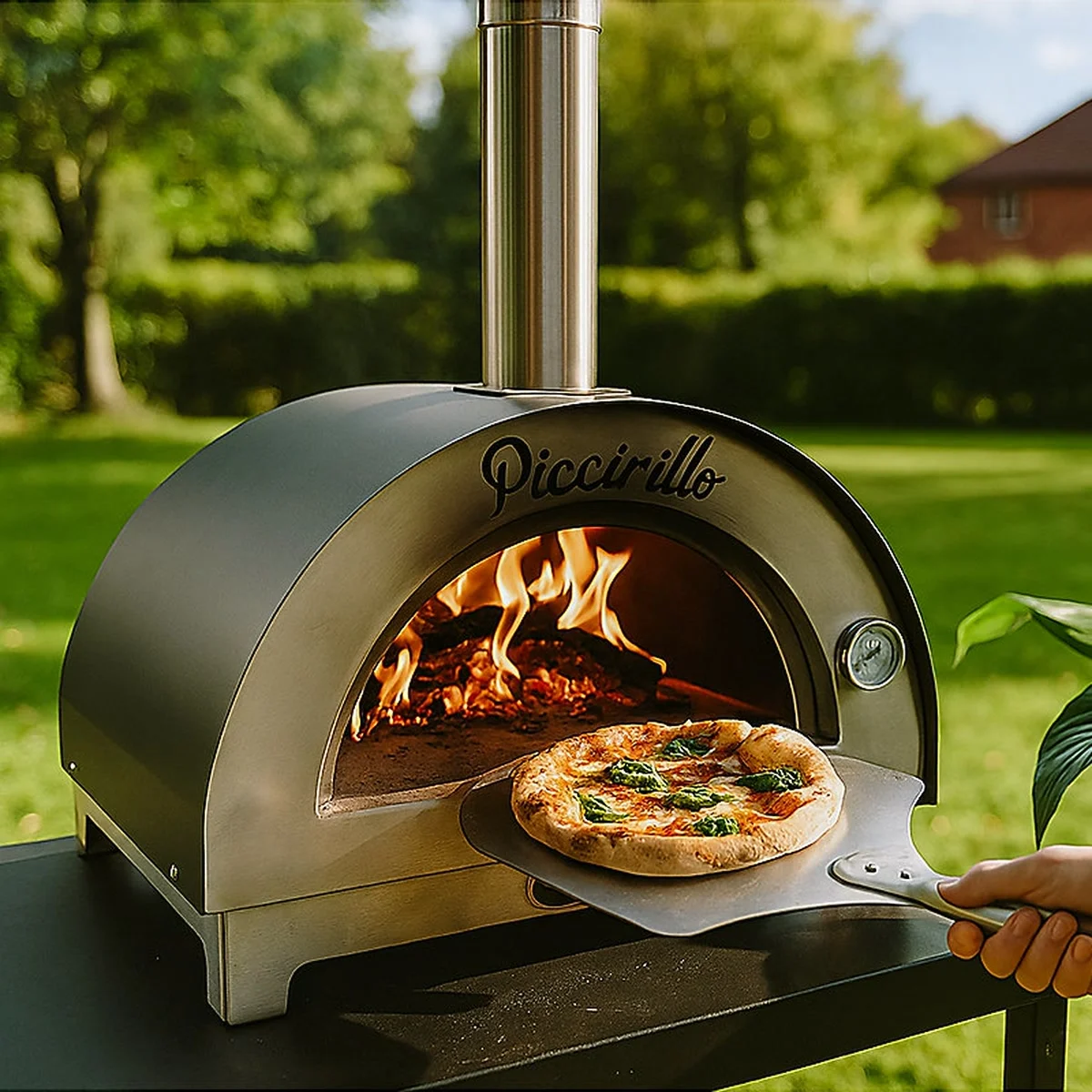 Une pizza sort du Bellanapoli Piccirillo allumé, sur une pelle, dans un jardin