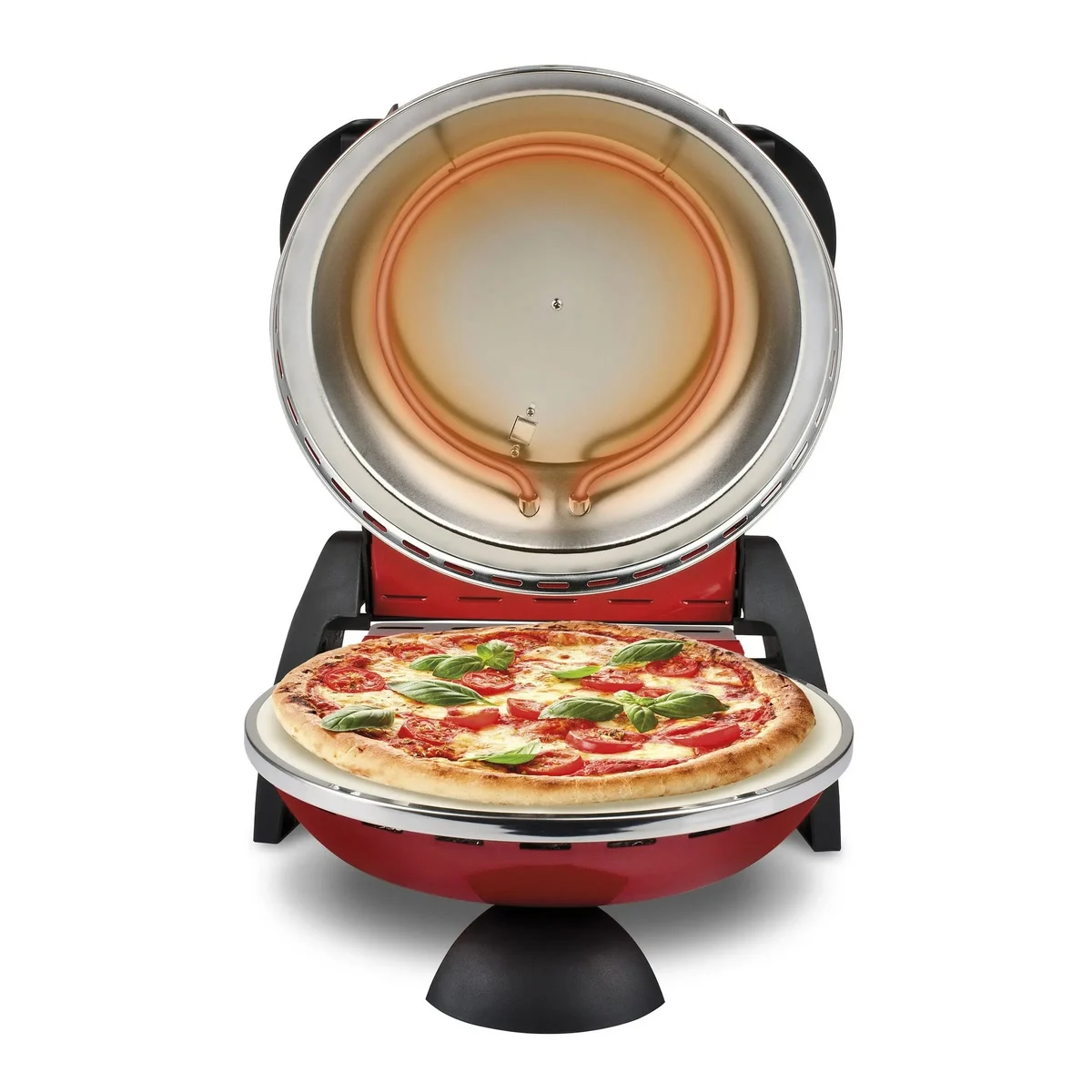 G3 Ferrari Delizia ouvert de face : la résistance du haut et une pizza margherita sur la pierre