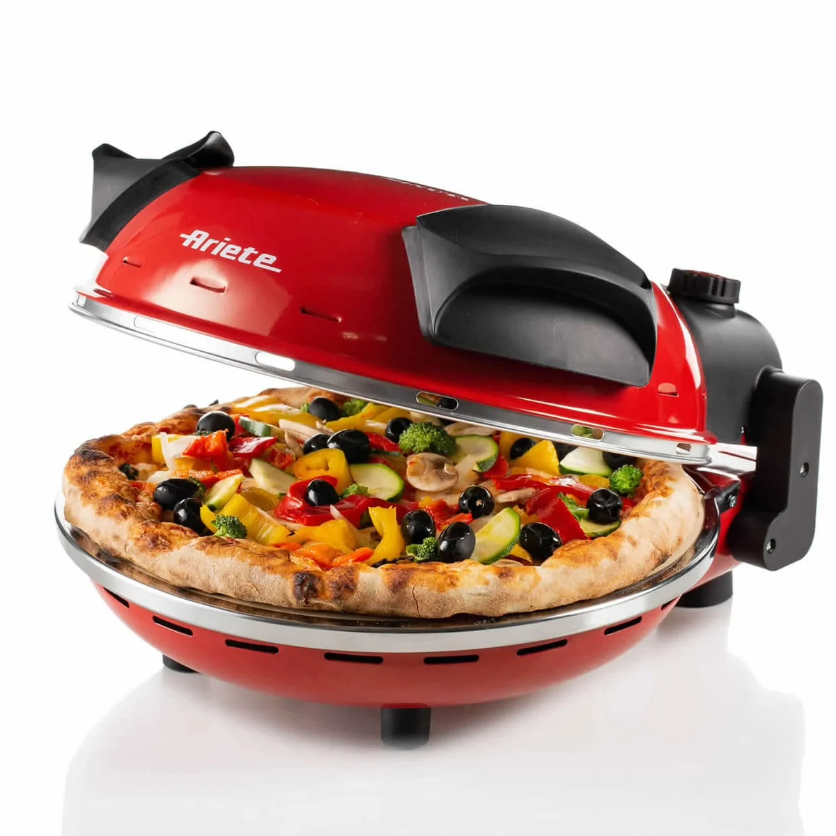 Ariete 909 rouge ouvert, une pizza aux légumes sur la pierre réfractaire