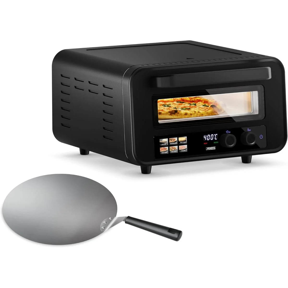 Princess 112780 noir, une pizza derrière la vitre, l’écran à 400 °C, et sa pelle ronde