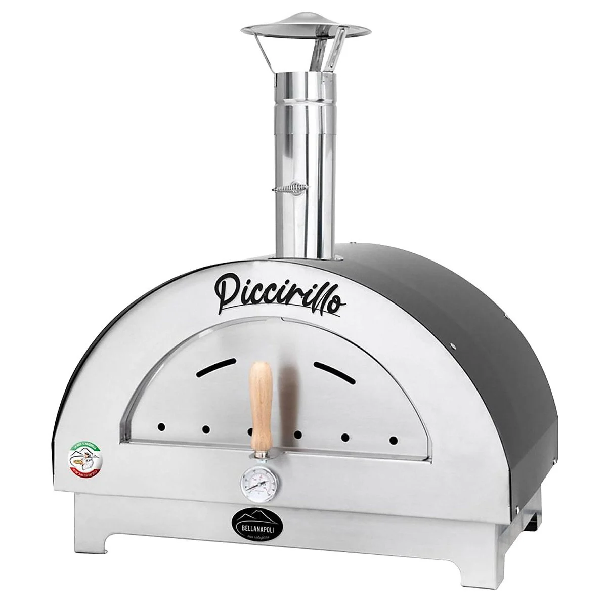 Bellanapoli Piccirillo de face : dôme gris, façade et porte en inox, thermomètre et cheminée à chapeau