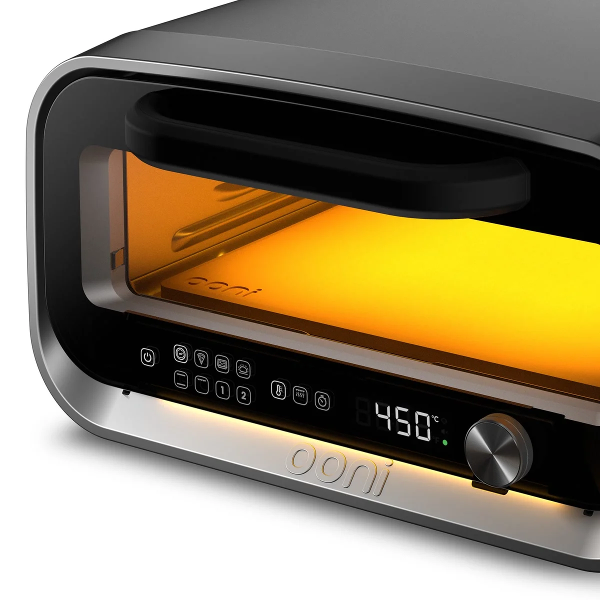 Le panneau de commande du Ooni Volt 2 et sa molette, l’écran à 450 °C