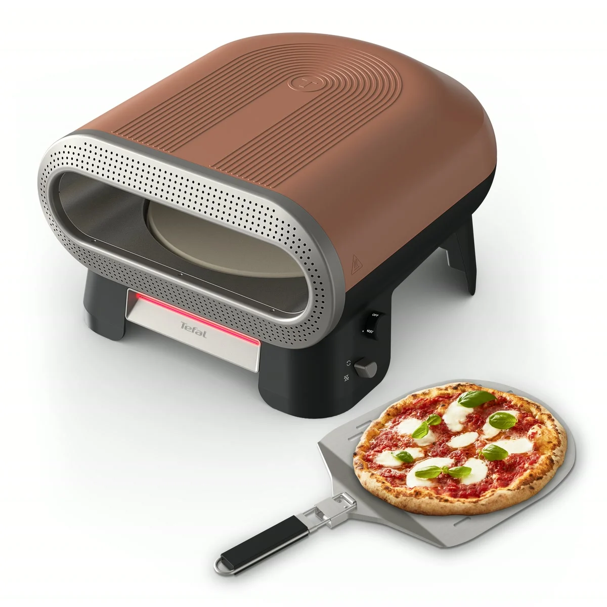 Tefal Pizza Pronto terracotta et noir, avec sa pelle pliable et une pizza margherita