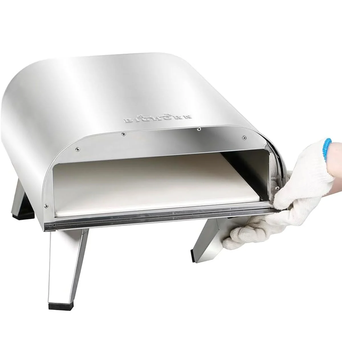 Une main gantée tient le Bighorn 12" en acier inoxydable, pieds dépliés