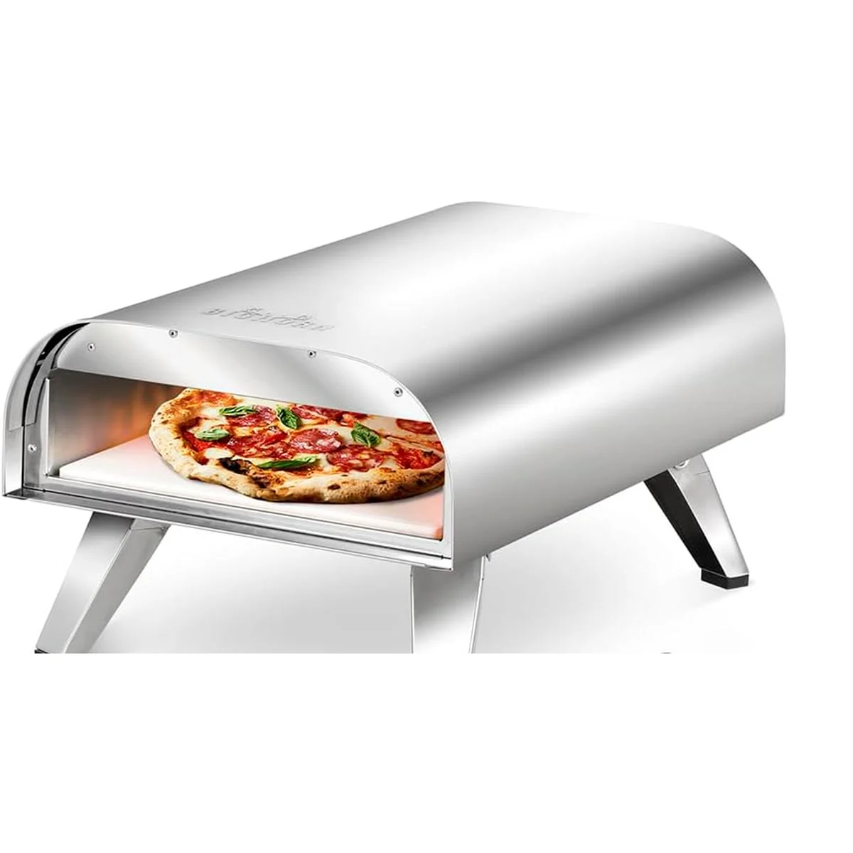 Bighorn 12" en acier inoxydable, une pizza salami et basilic sur sa pierre