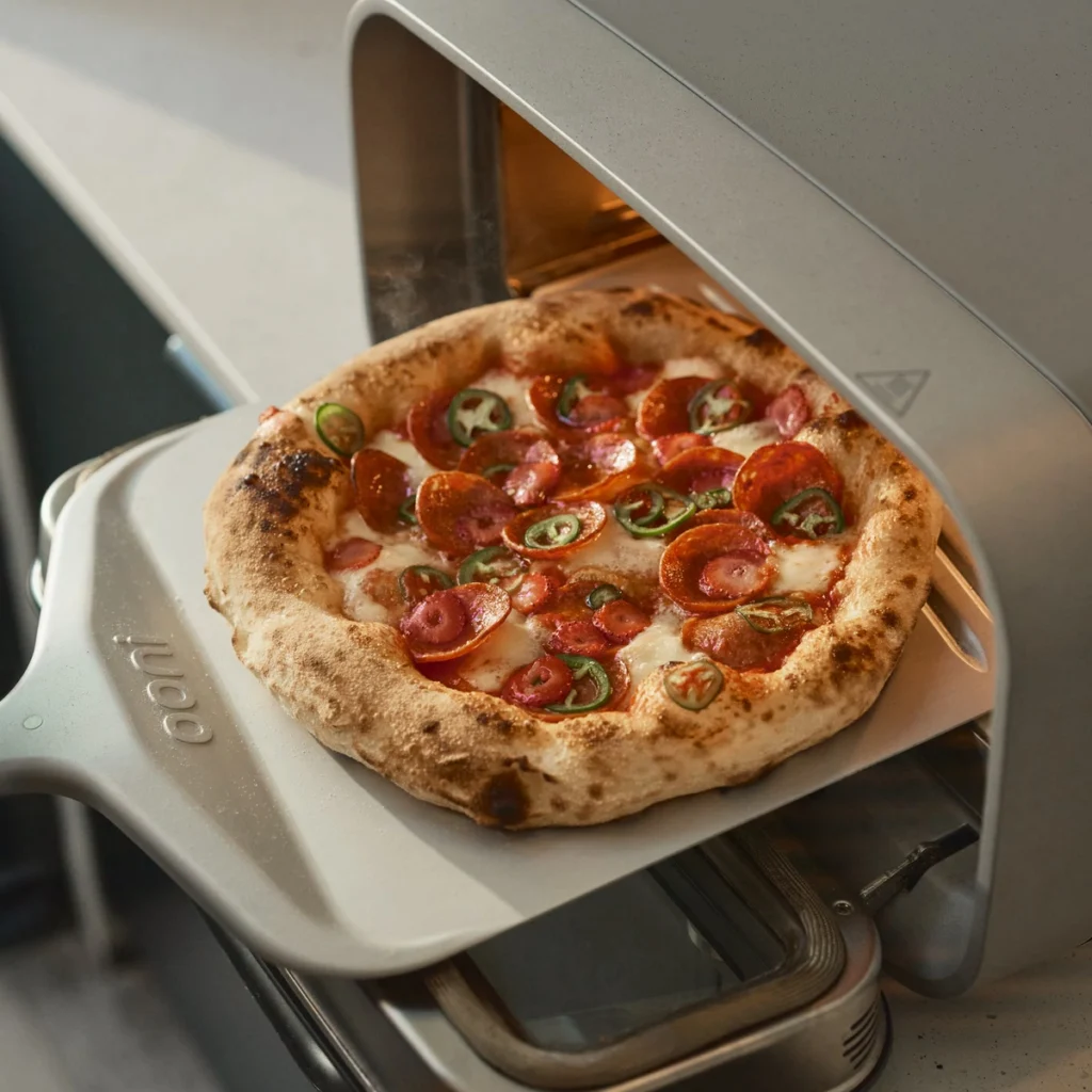Une pizza pepperoni et jalapeños sortie du Ooni Volt 2 sur une pelle