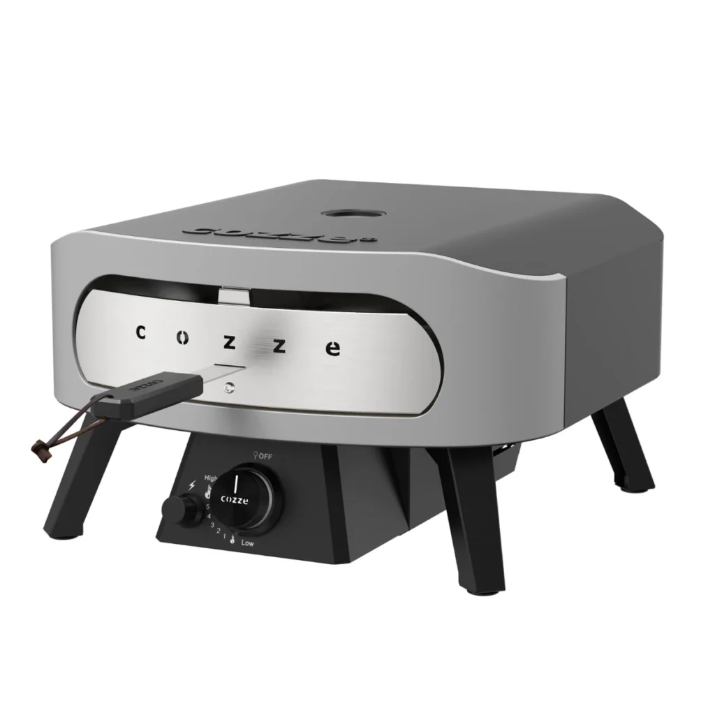 Cozze 13" Classic de trois quarts, porte en inox en place, molette et bouton d’allumage