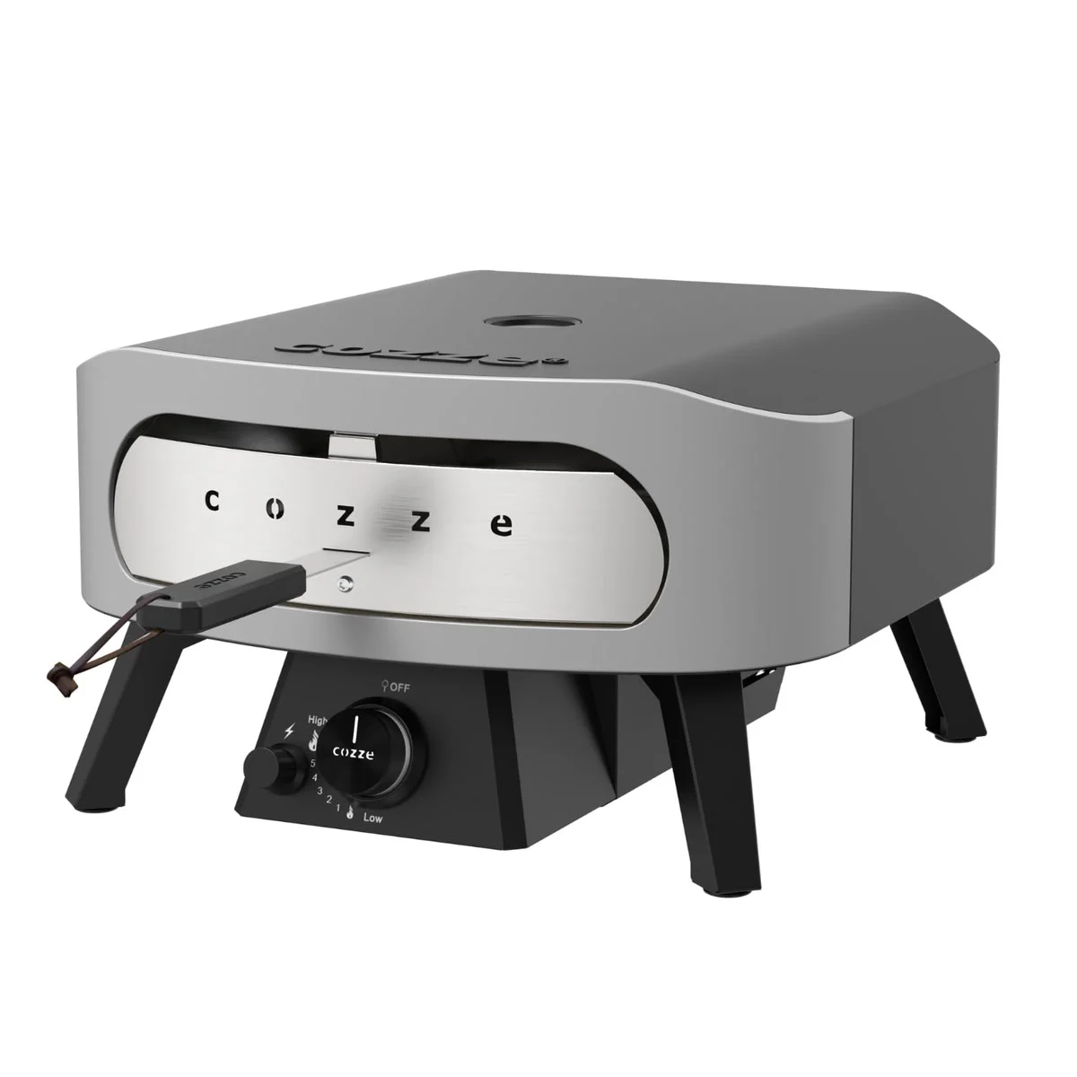 Cozze 13" Classic de trois quarts, porte en inox en place, molette et bouton d’allumage
