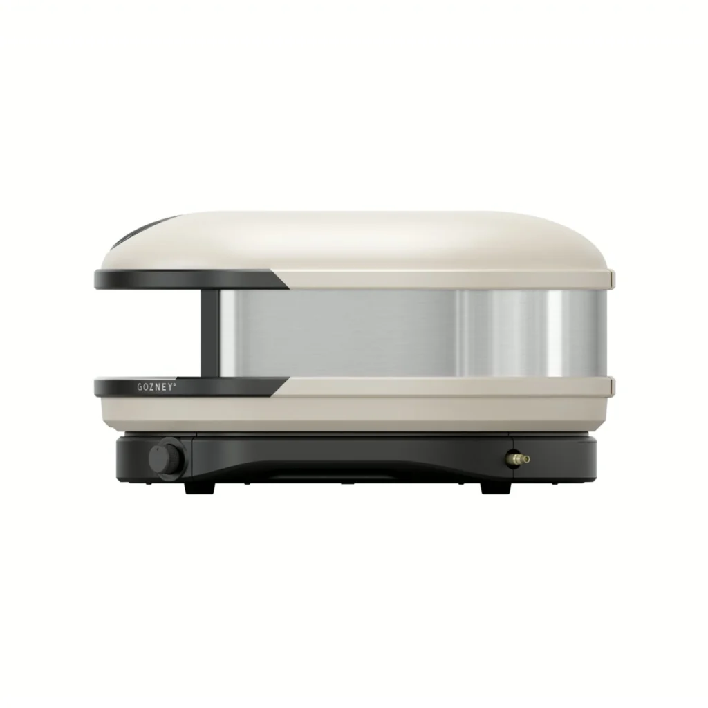 Gozney Arc XL crème de profil : coque crème et inox, molette et raccord gaz