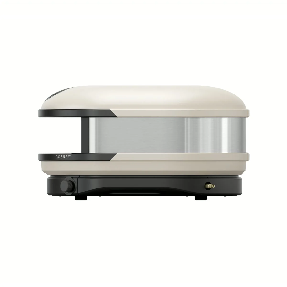 Gozney Arc XL crème de profil : coque crème et inox, molette et raccord gaz