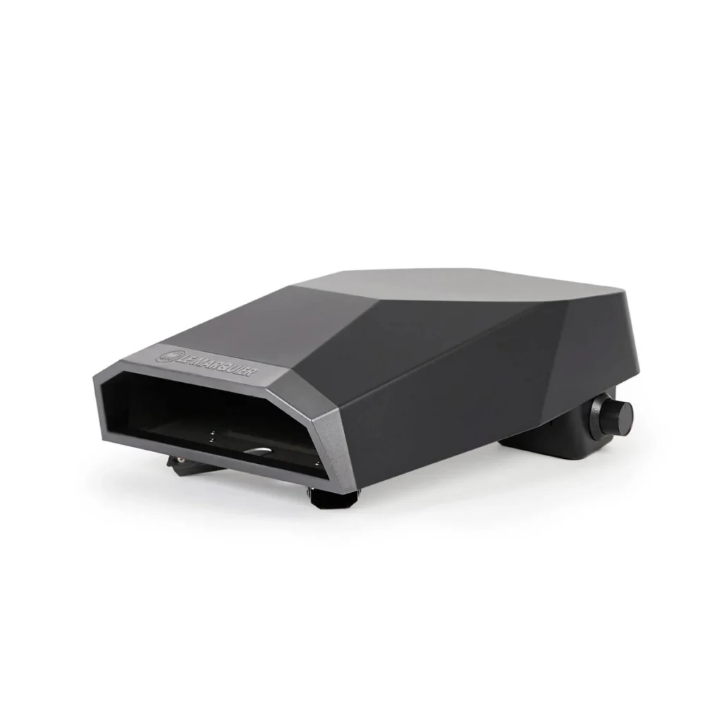 Le Marquier Duo 12" gaz pieds repliés : coque anguleuse noire, façade grise, molette sur le côté