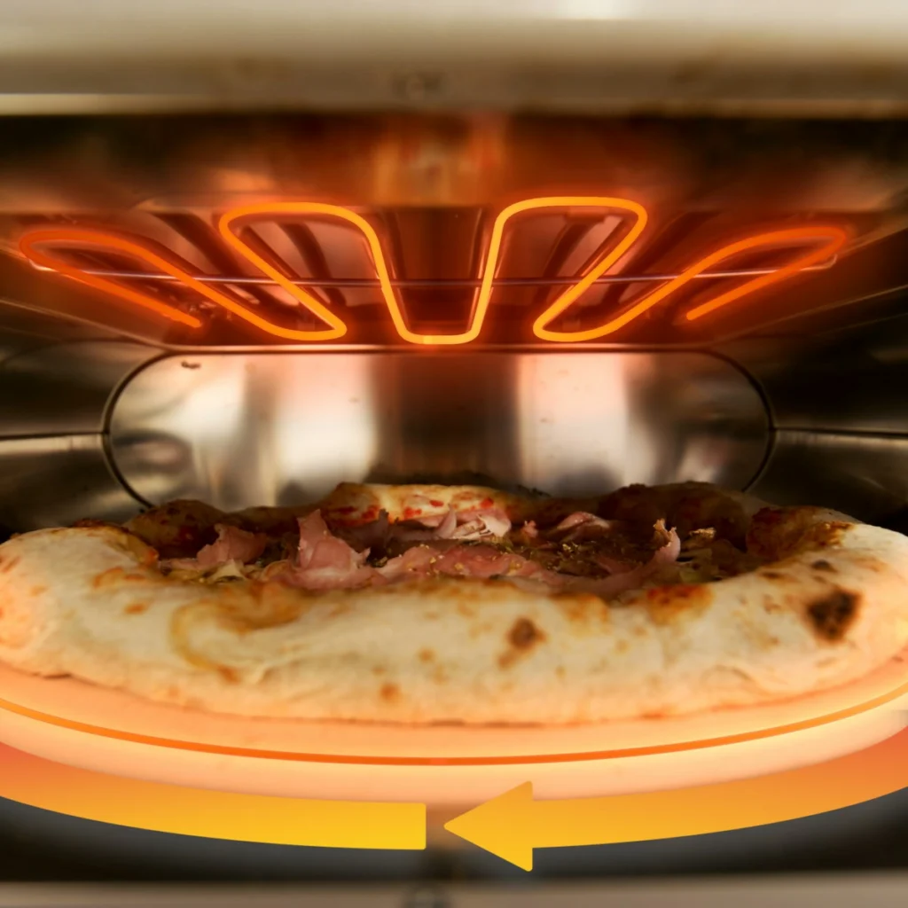 La résistance du haut et la pierre tournante du Tefal Pizza Pronto, une pizza en cuisson