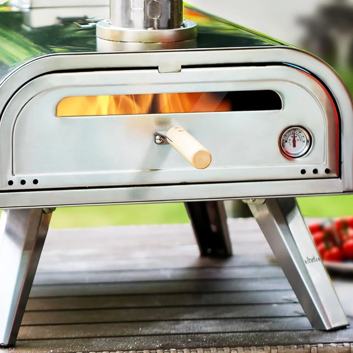 La porte vitrée du Bighorn 16" laisse voir la flamme, le thermomètre en façade