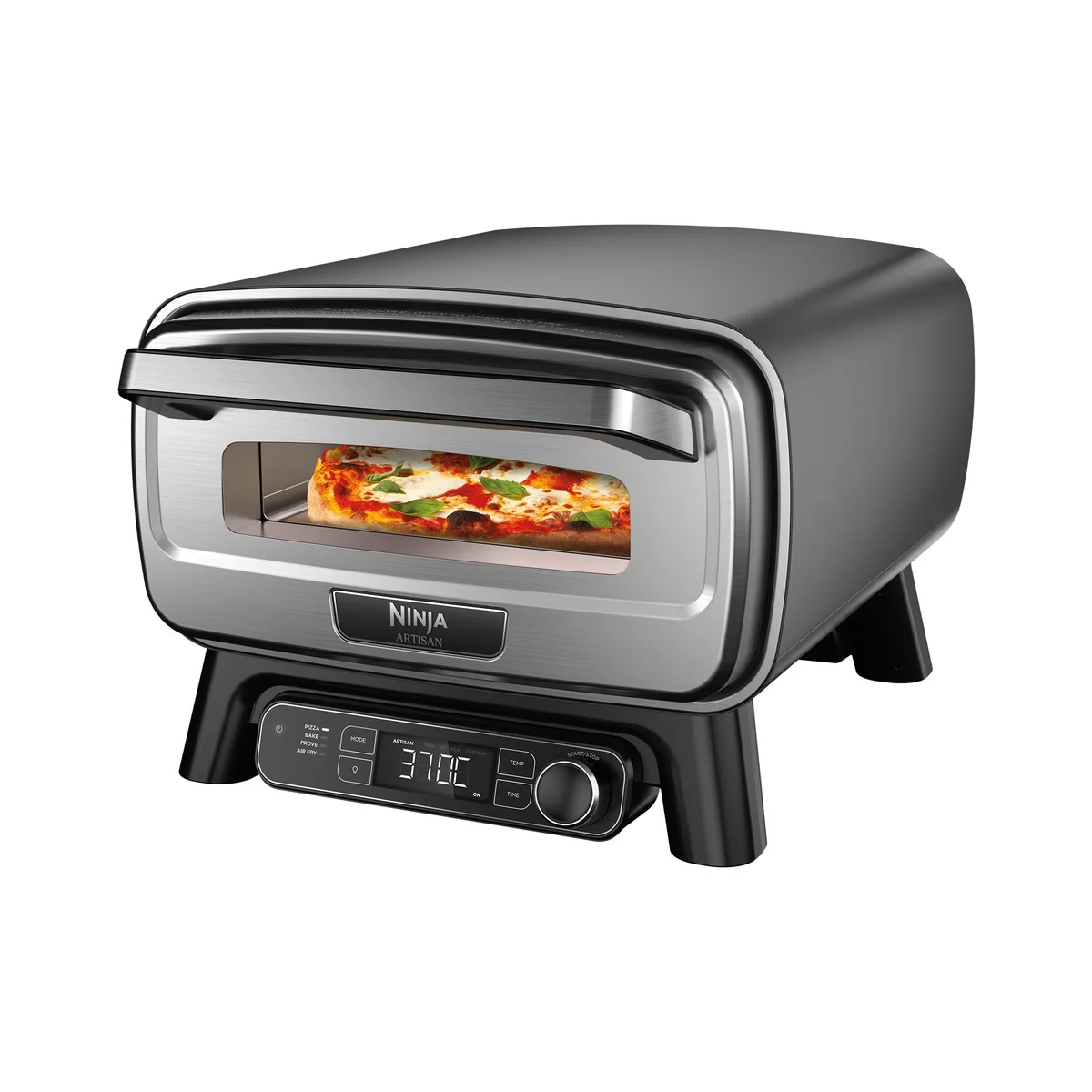 Ninja Artisan gris, vue de trois quarts, une pizza derrière la fenêtre