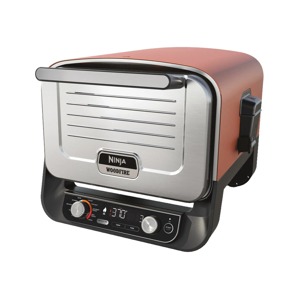 Ninja Woodfire terracotta et inox, porte fermée, vue de trois quarts